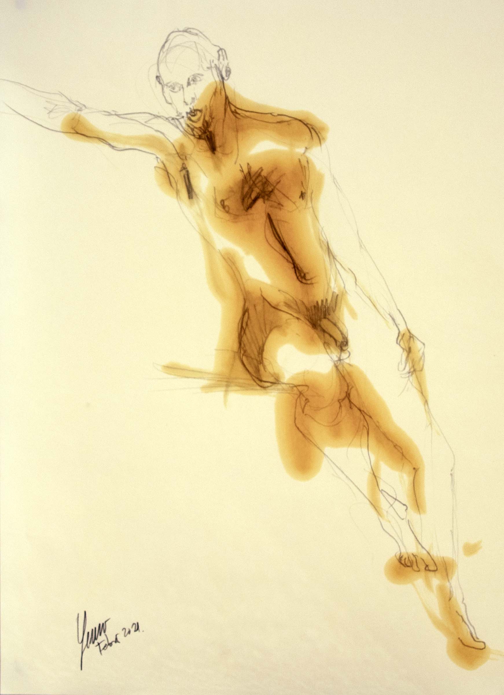 Home dret recolzat — Grafit i oli de llinosa sobre paper